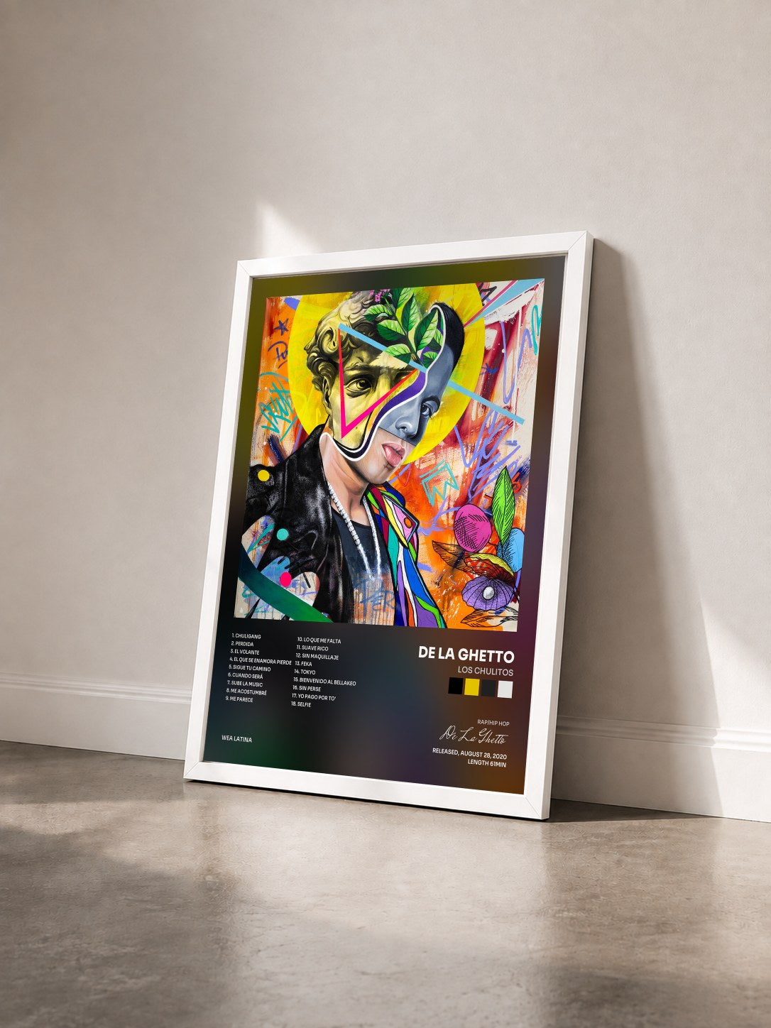 #blanc Tableau de l'album Los Chulitos de De La Ghetto vu de trois quarts, cadre blanc