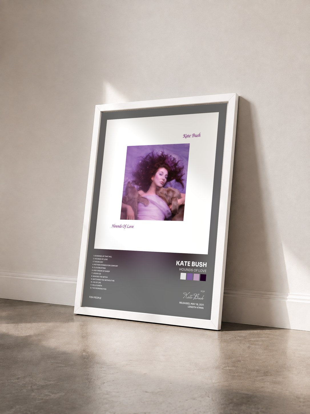 #blanc Tableau de l'album Hounds Of Love de Kate Bush vu de trois quarts, cadre blanc