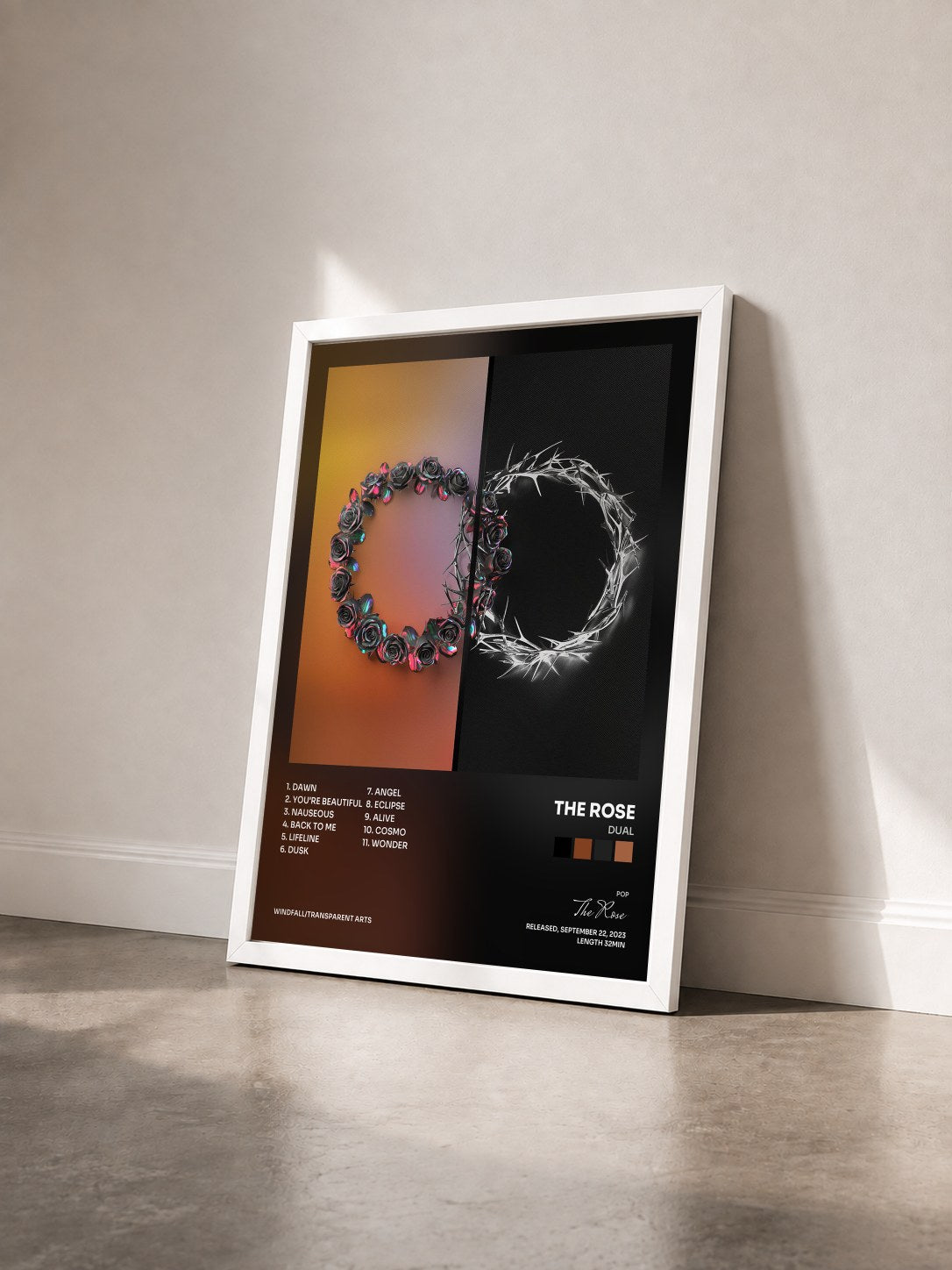 #blanc Tableau de l'album DUAL de The Rose vu de trois quarts, cadre blanc