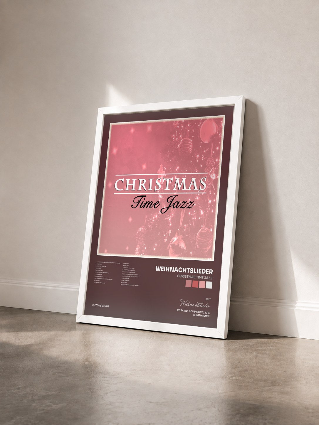 #blanc Tableau de l'album Christmas Time Jazz de Weihnachtslieder vu de trois quarts, cadre blanc