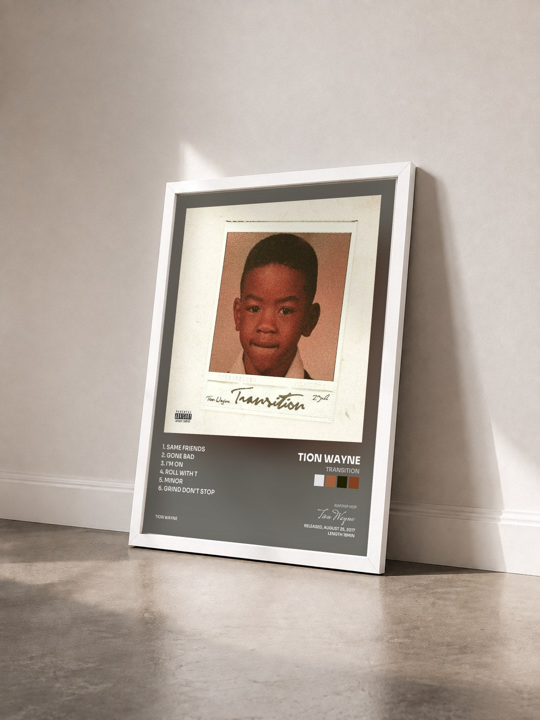 #blanc Tableau de l'album Transition de Tion Wayne vu de trois quarts, cadre blanc