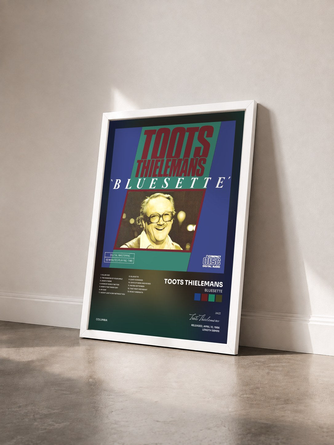 #blanc Tableau de l'album Bluesette de Toots Thielemans vu de trois quarts, cadre blanc