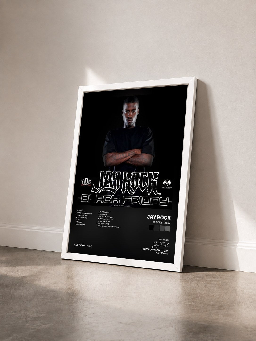 #blanc Tableau de l'album Black Friday de Jay Rock vu de trois quarts, cadre blanc