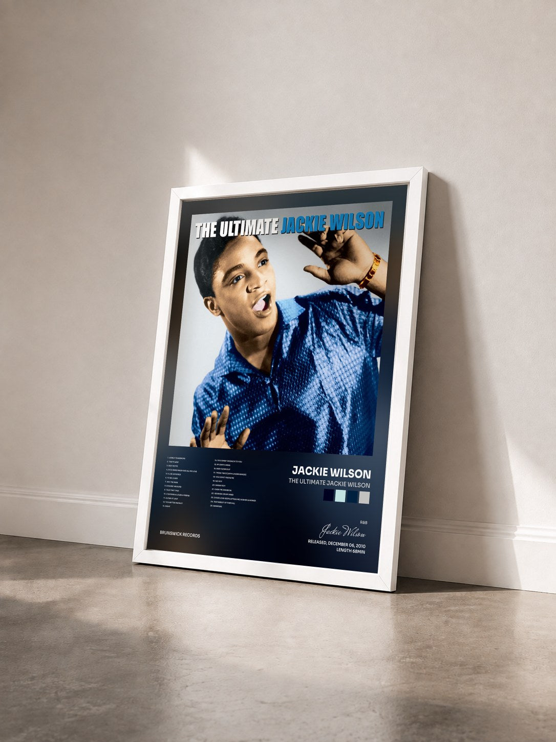 #blanc Tableau de l'album The Ultimate Jackie Wilson de Jackie Wilson vu de trois quarts, cadre blanc