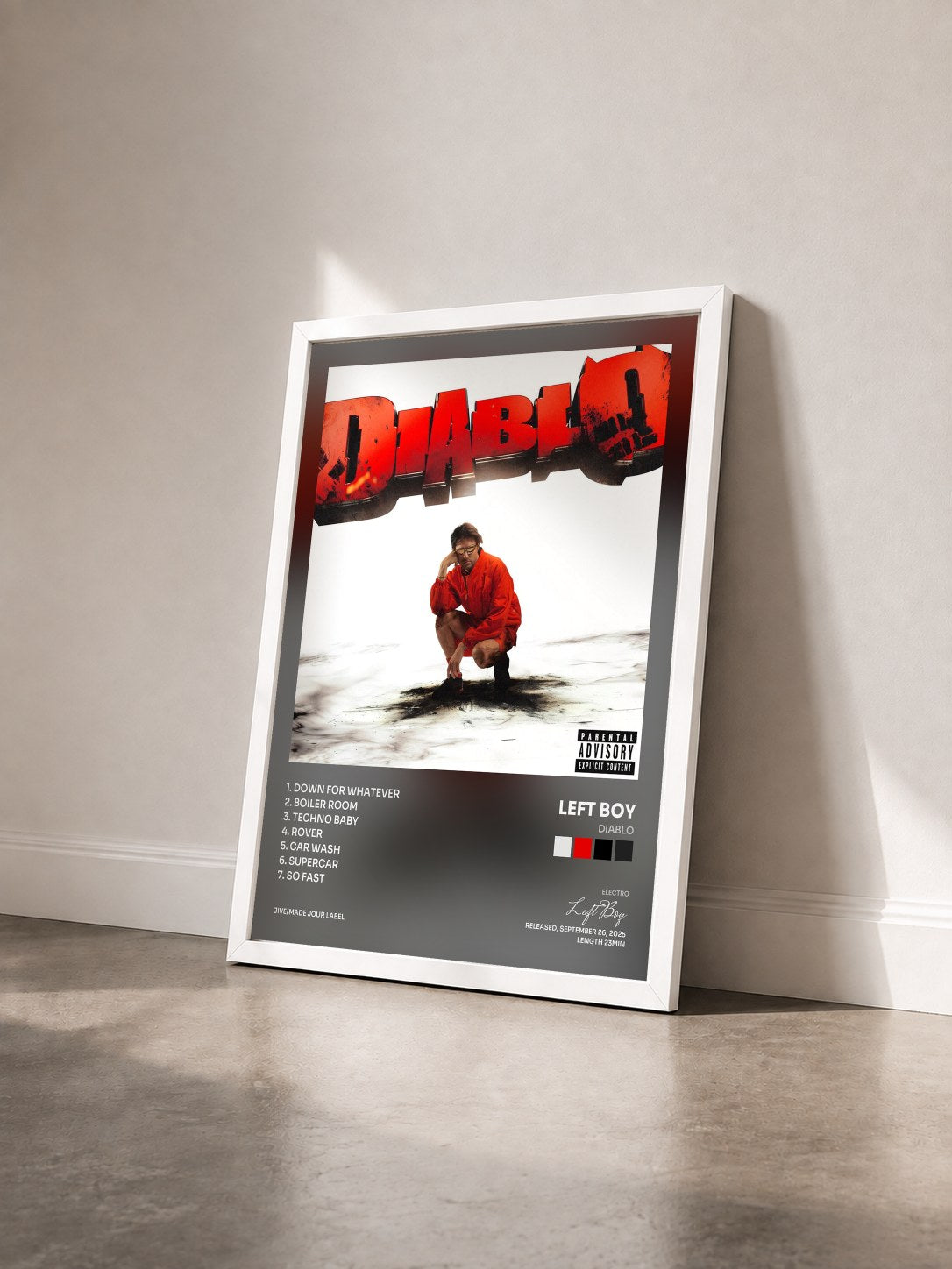 #blanc Tableau de l'album DIABLO de Left Boy vu de trois quarts, cadre blanc