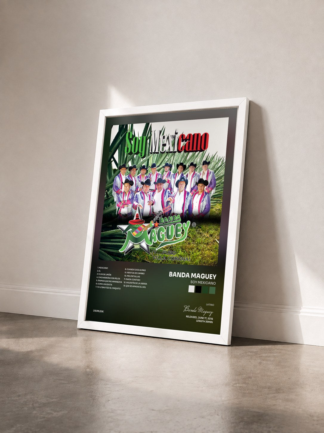 #blanc Tableau de l'album Soy Mexicano de Banda Maguey vu de trois quarts, cadre blanc