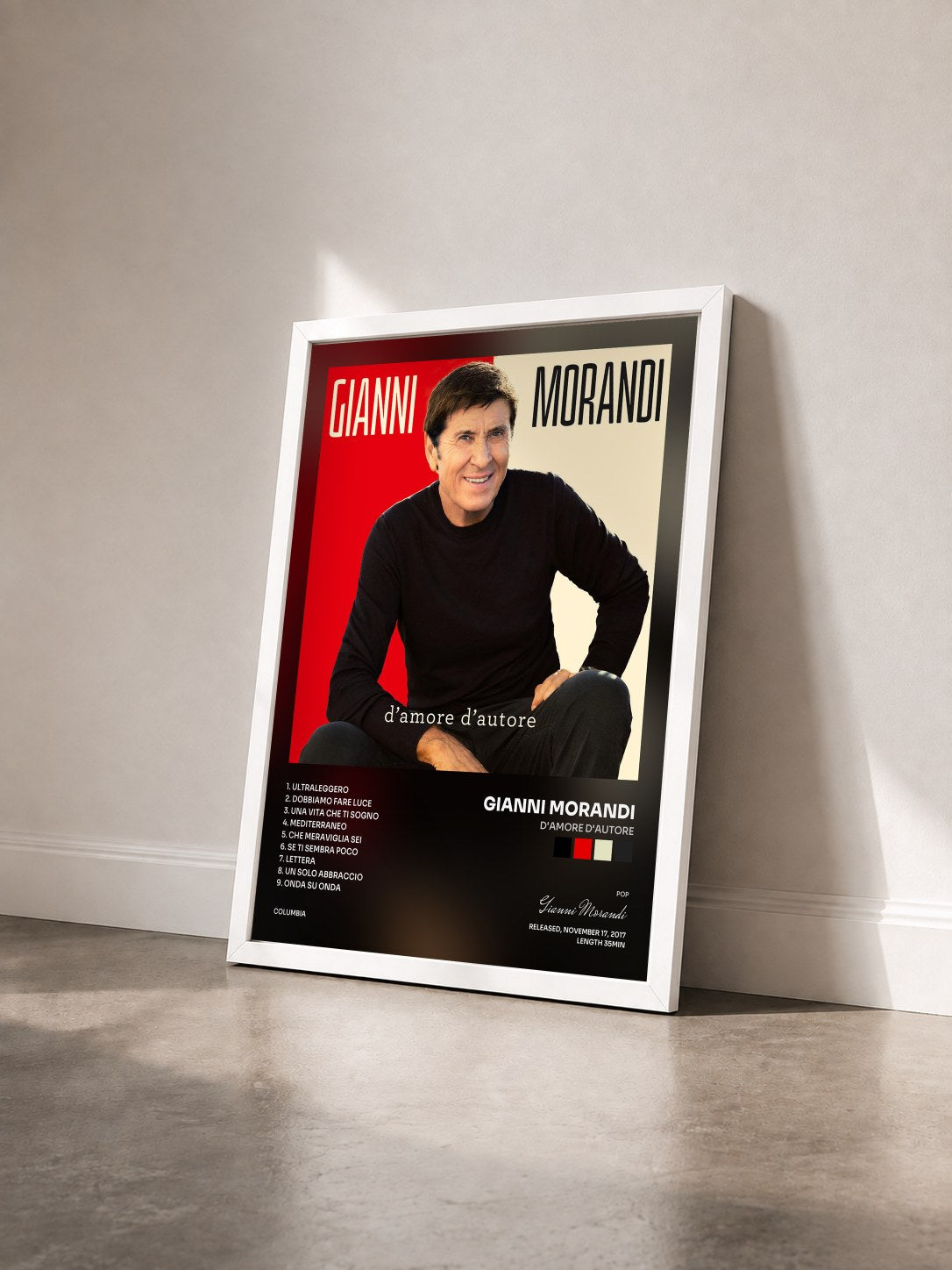 #blanc Tableau de l'album d'amore d'autore de Gianni Morandi vu de trois quarts, cadre blanc