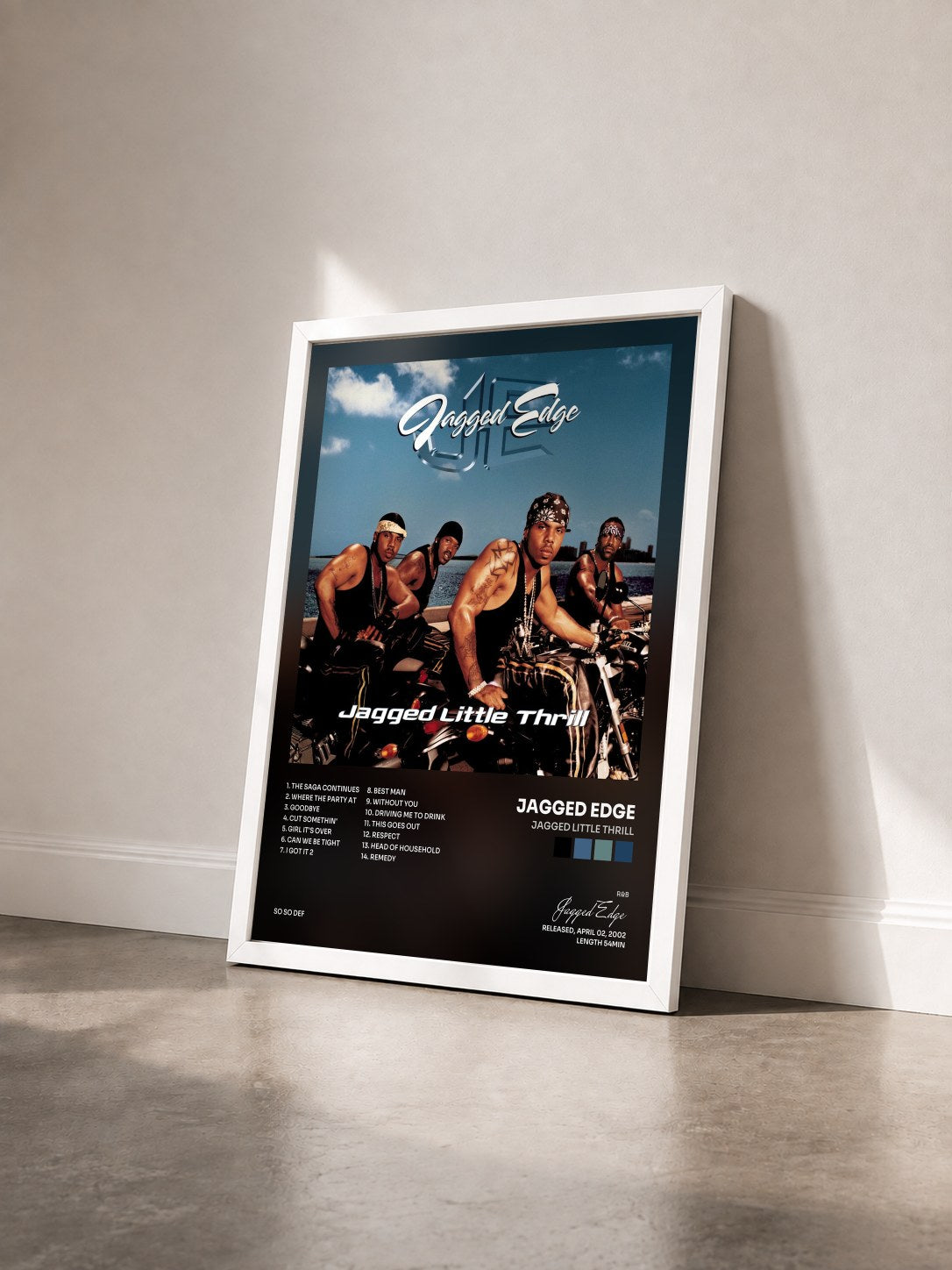#blanc Tableau de l'album Jagged Little Thrill de Jagged Edge vu de trois quarts, cadre blanc