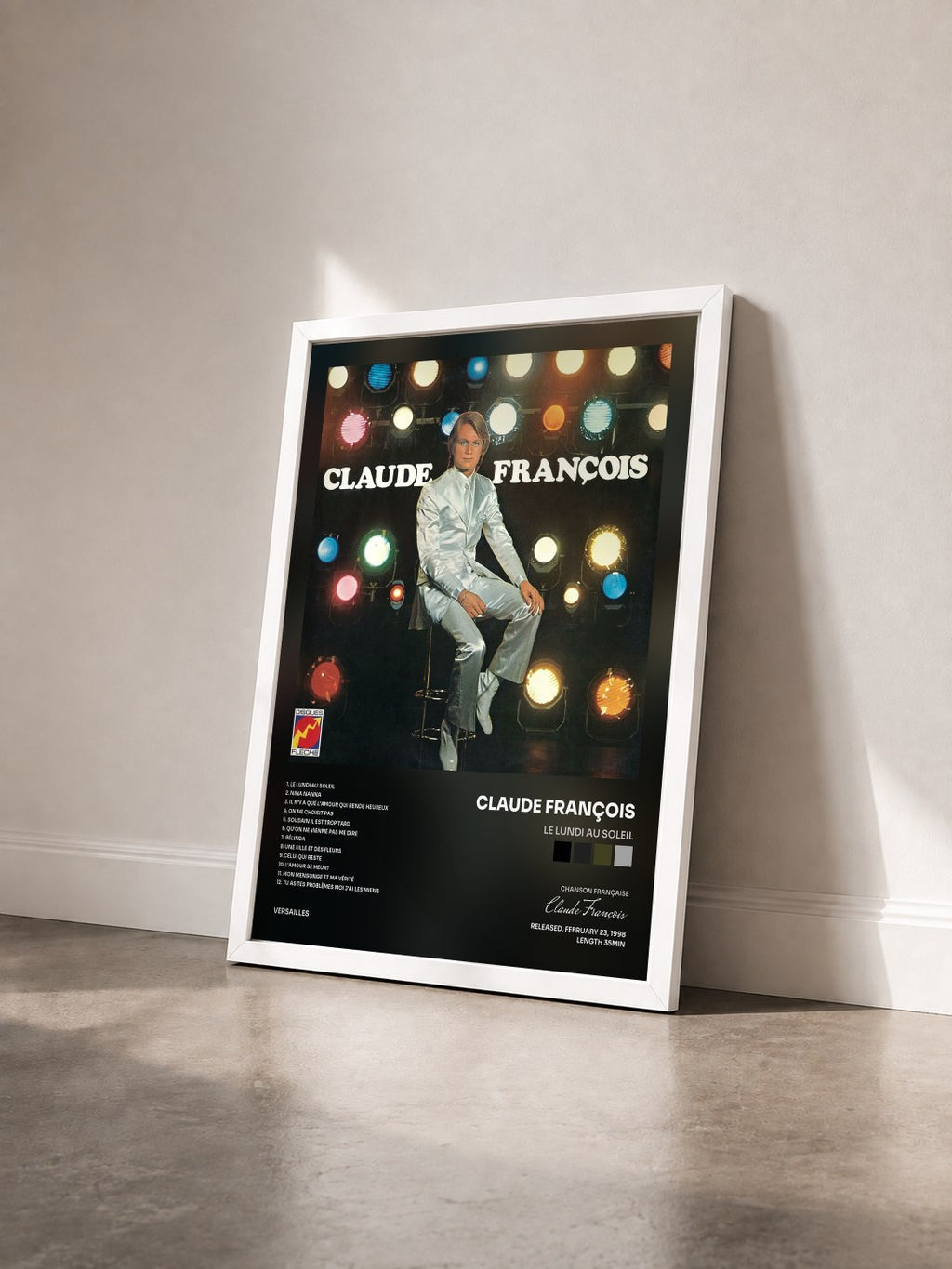 #blanc Tableau de l'album Le lundi au soleil de Claude François vu de trois quarts, cadre blanc