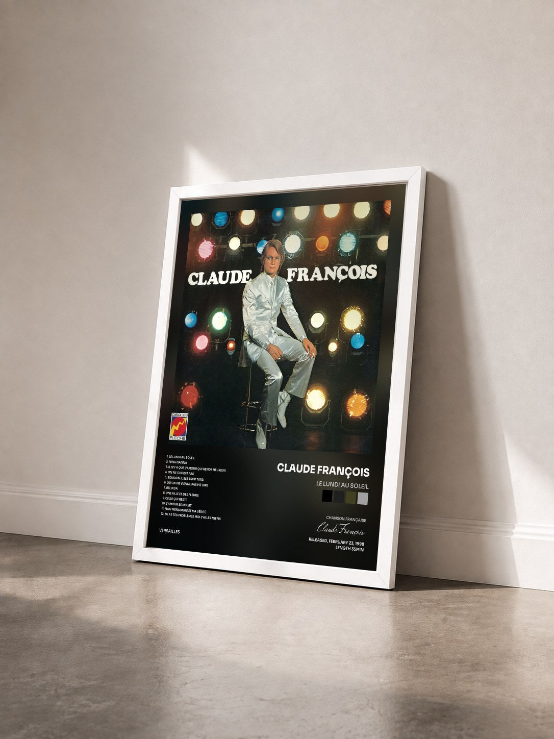 #blanc Tableau de l'album Le lundi au soleil de Claude François vu de trois quarts, cadre blanc