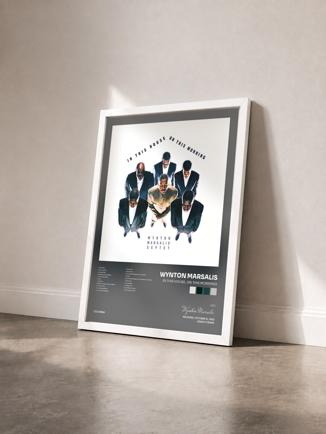 #blanc Tableau de l'album In This House, On This Morning de Wynton Marsalis vu de trois quarts, cadre blanc