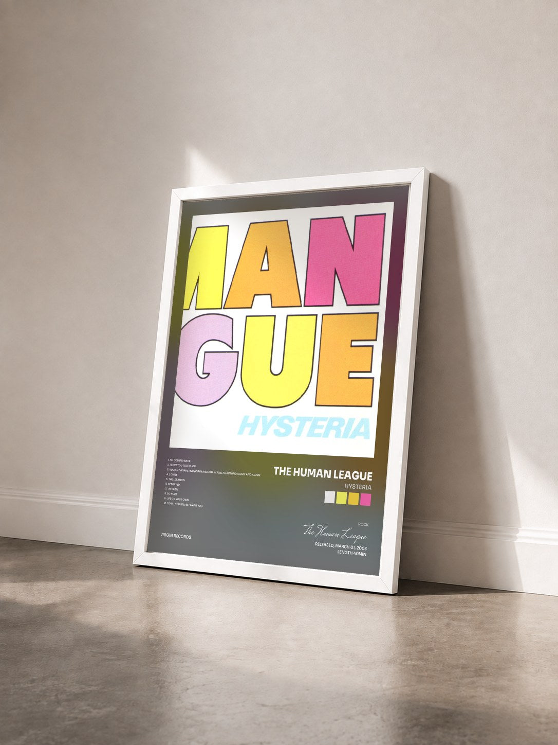 #blanc Tableau de l'album Hysteria de The Human League vu de trois quarts, cadre blanc