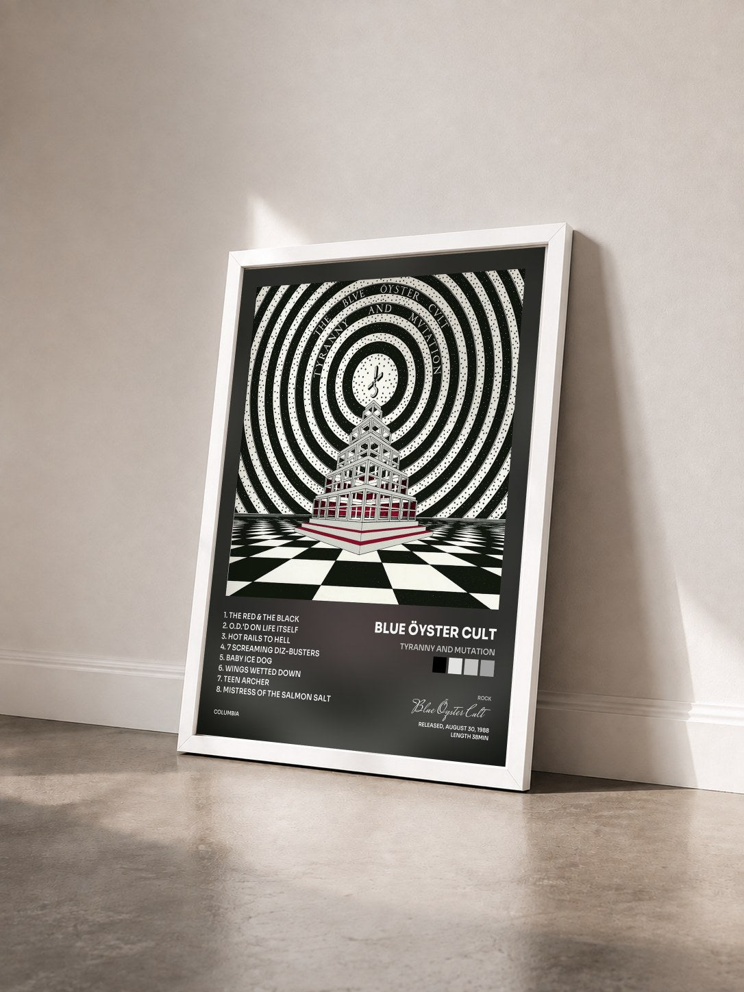 #blanc Tableau de l'album Tyranny And Mutation de Blue Öyster Cult vu de trois quarts, cadre blanc