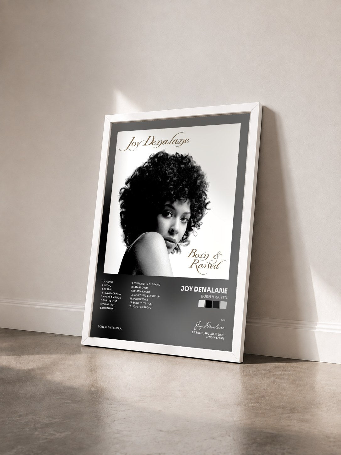 #blanc Tableau de l'album Born & Raised de Joy Denalane vu de trois quarts, cadre blanc