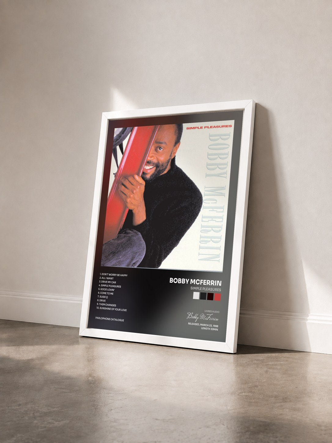 #blanc Tableau de l'album Simple Pleasures de Bobby McFerrin vu de trois quarts, cadre blanc