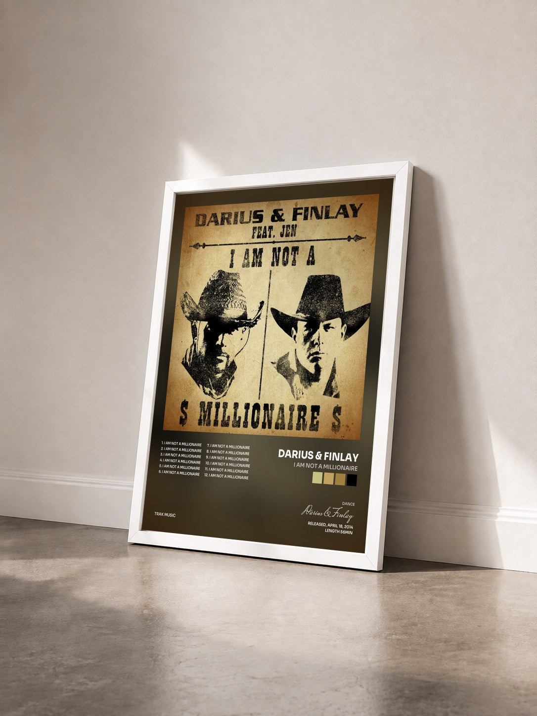 #blanc Tableau de l'album I Am Not a Millionaire de Darius & Finlay vu de trois quarts, cadre blanc