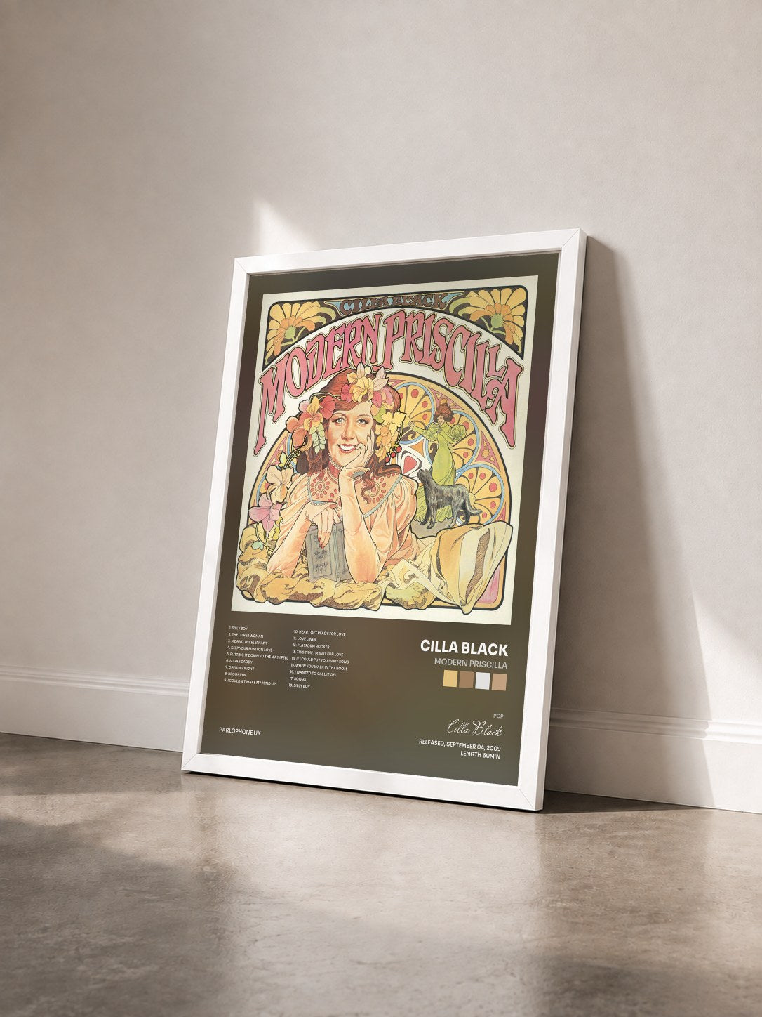 #blanc Tableau de l'album Modern Priscilla de Cilla Black vu de trois quarts, cadre blanc