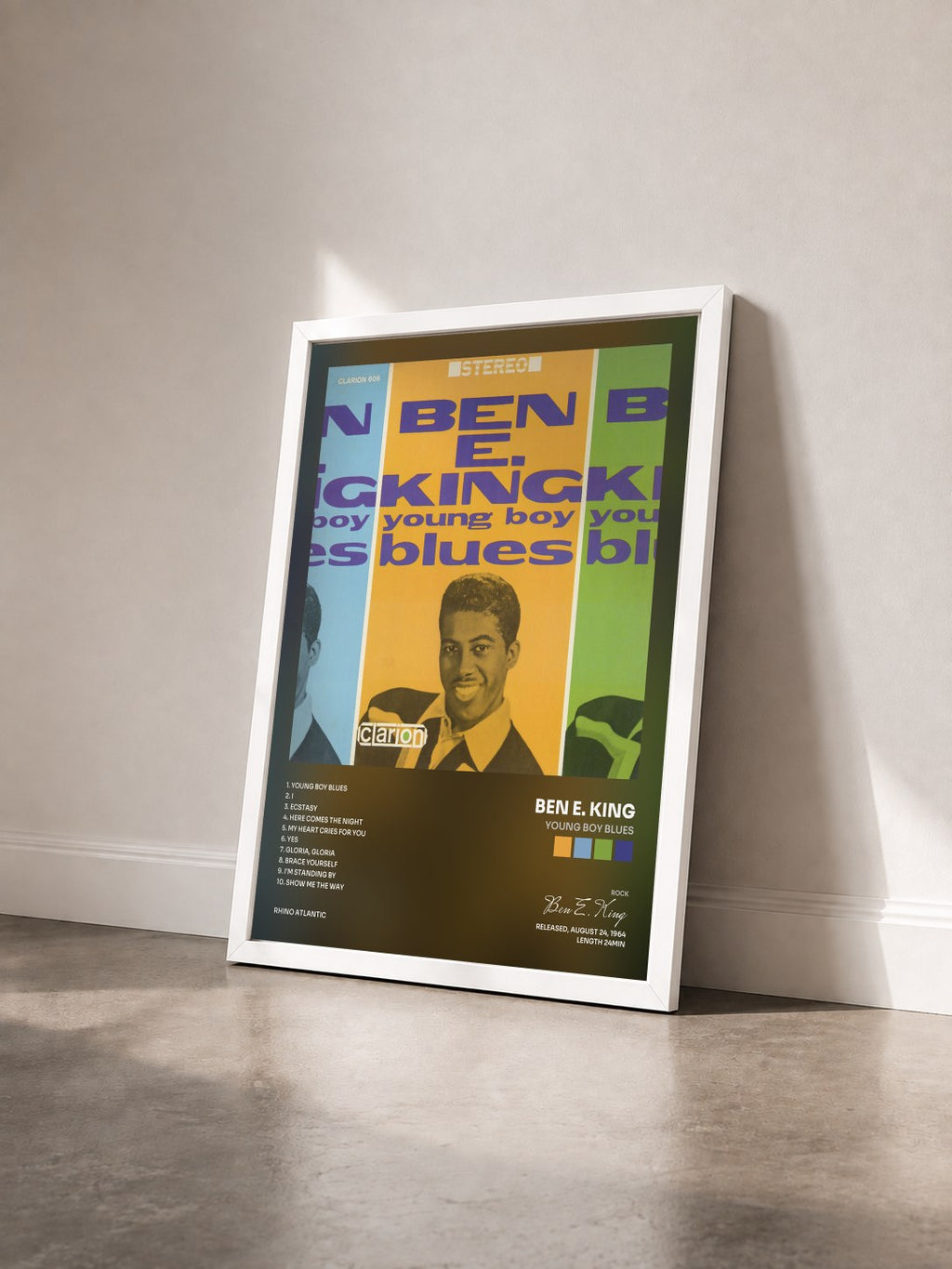 #blanc Young Boy Blues by Ben E. King as a framed art print seen at an angle, white frame