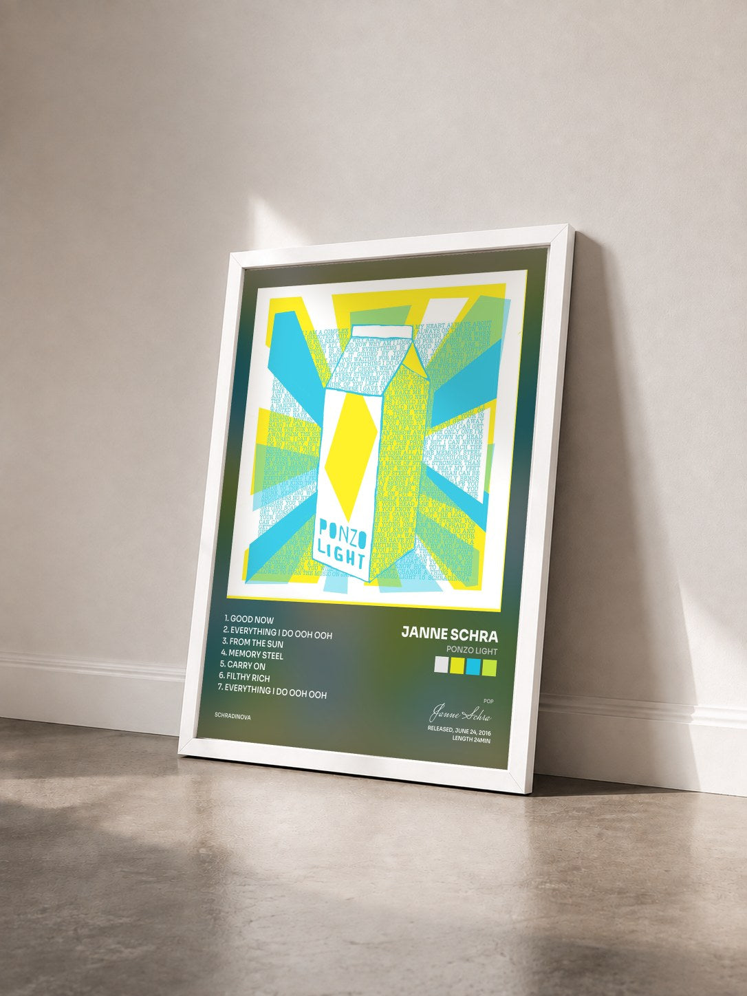 #blanc Tableau de l'album Ponzo Light de Janne Schra vu de trois quarts, cadre blanc