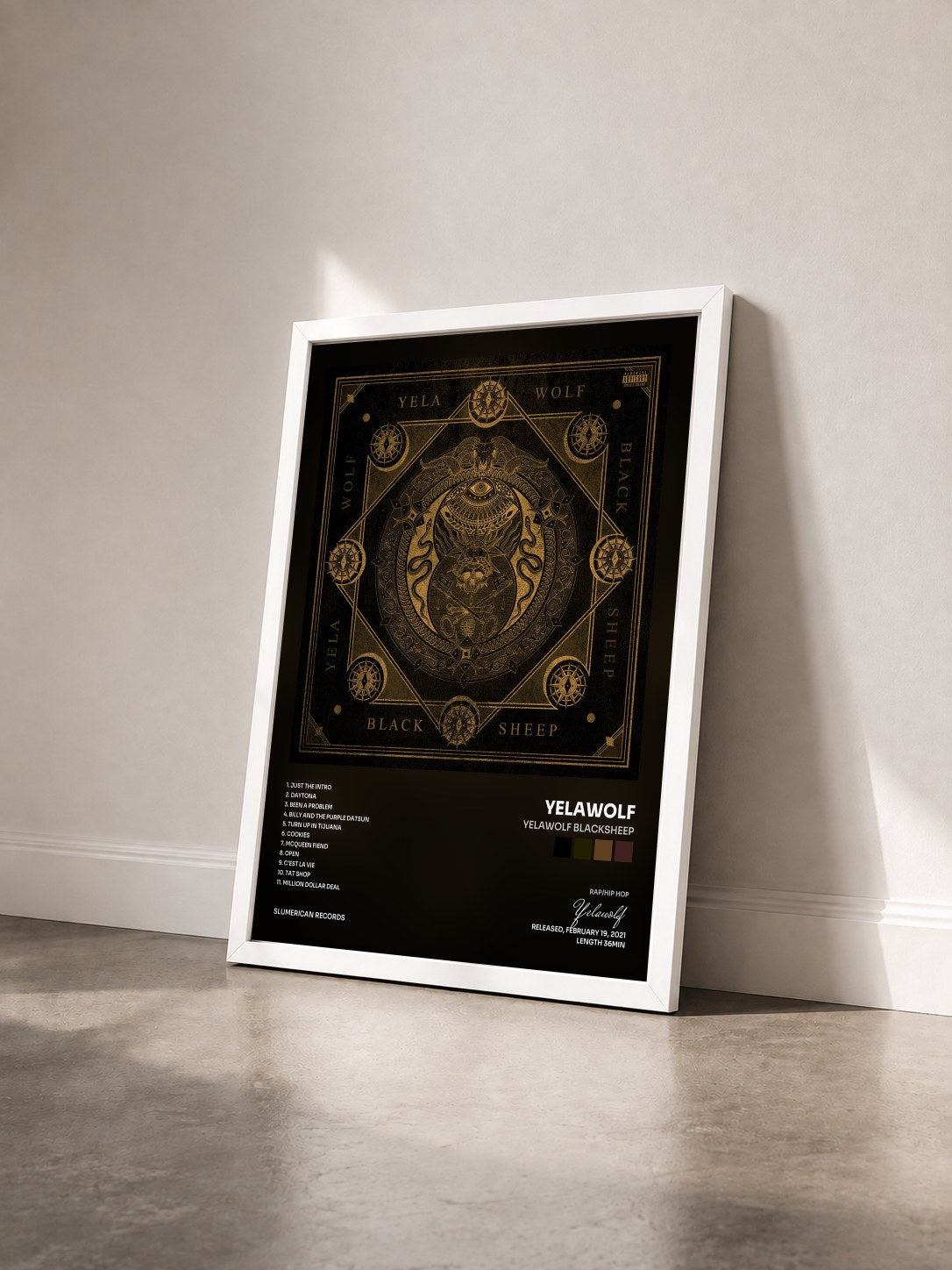 #blanc Tableau de l'album Yelawolf Blacksheep de Yelawolf vu de trois quarts, cadre blanc