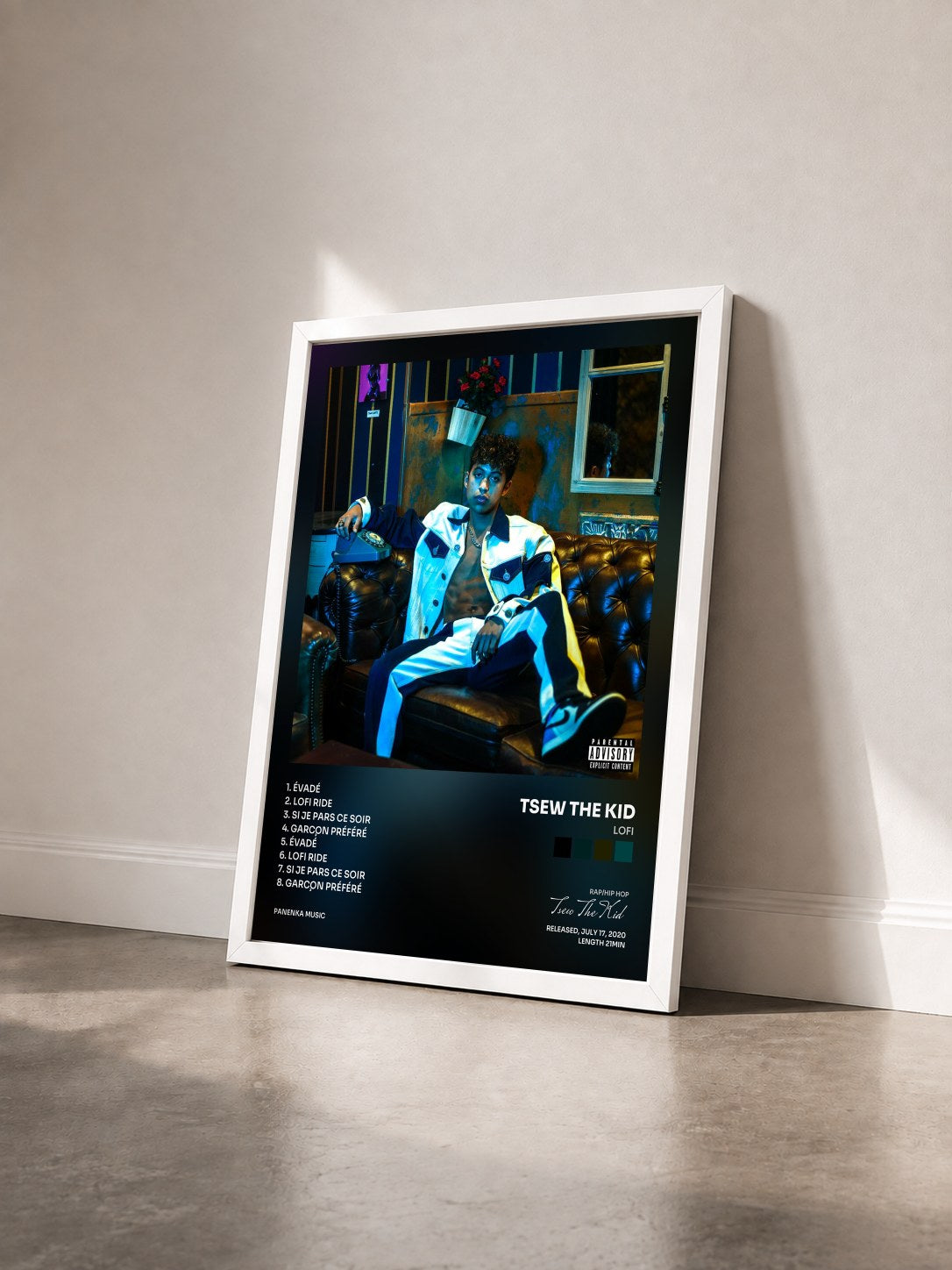 #blanc Tableau de l'album LOFI de Tsew The Kid vu de trois quarts, cadre blanc