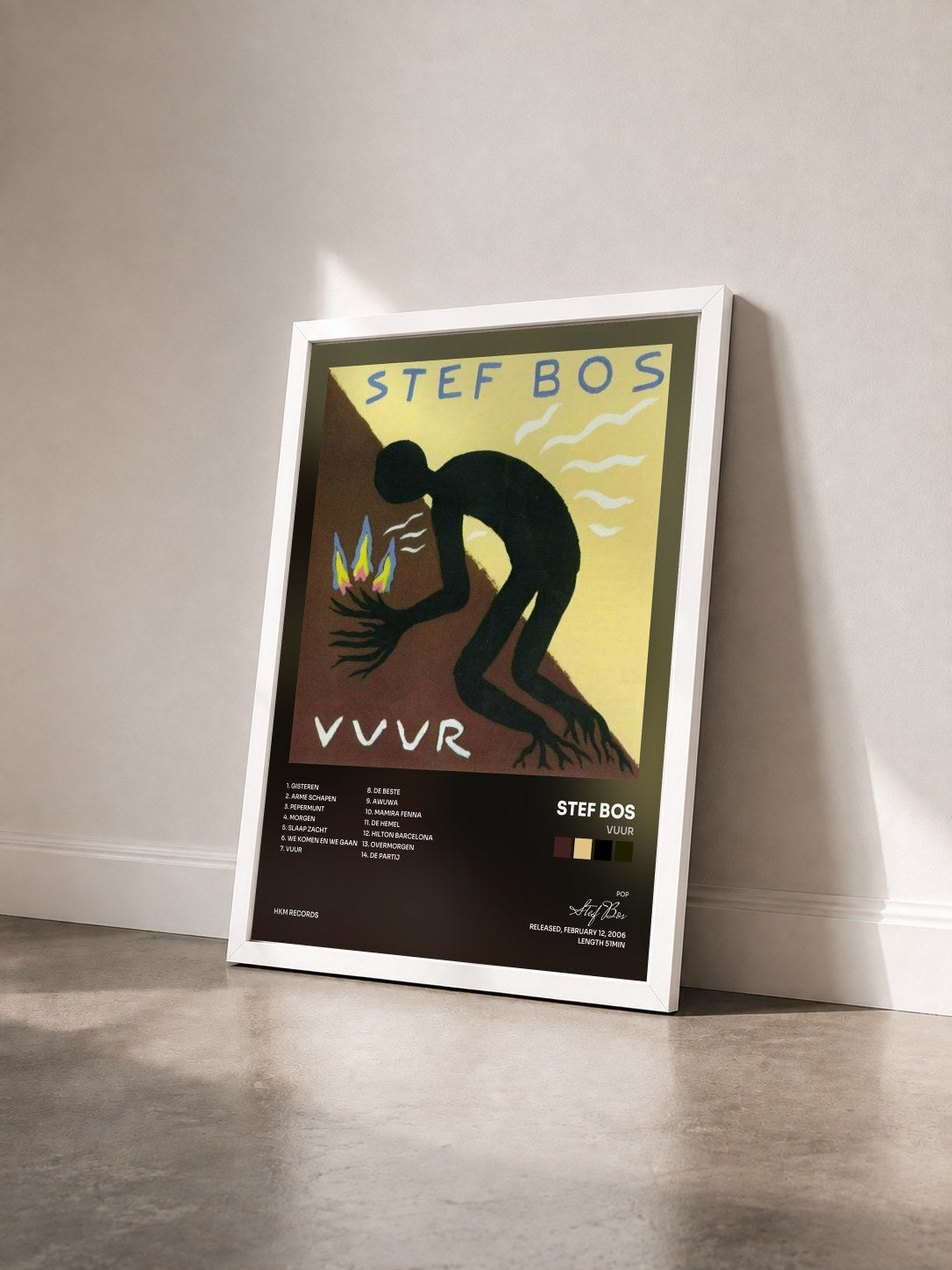 #blanc Tableau de l'album Vuur de Stef Bos vu de trois quarts, cadre blanc