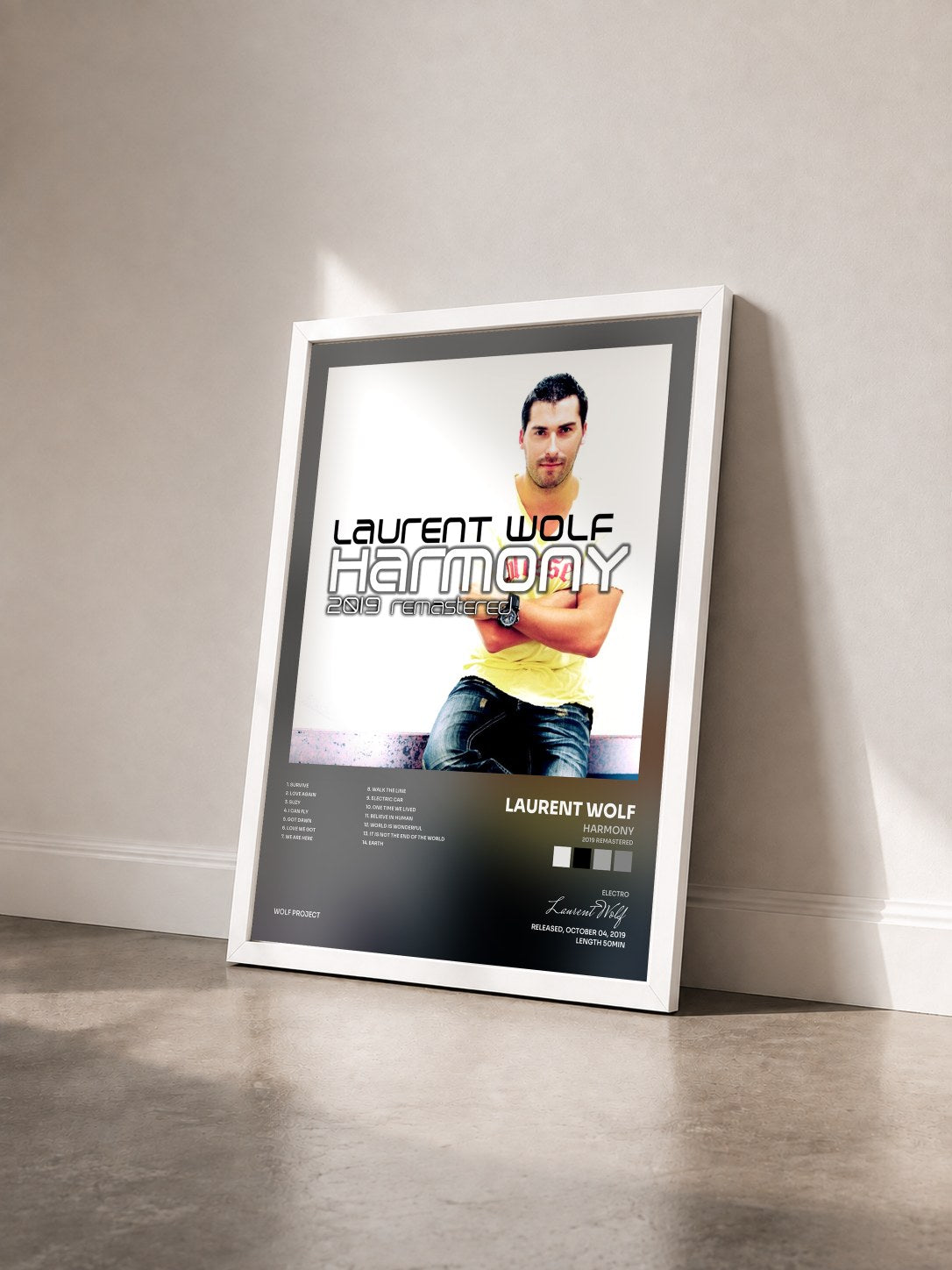 #blanc Tableau de l'album Harmony (2019 Remastered) de Laurent Wolf vu de trois quarts, cadre blanc