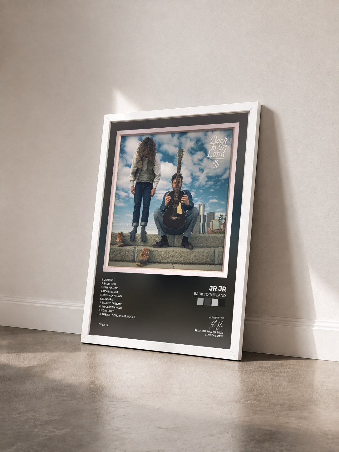 #blanc Tableau de l'album Back to the Land de Jr Jr vu de trois quarts, cadre blanc