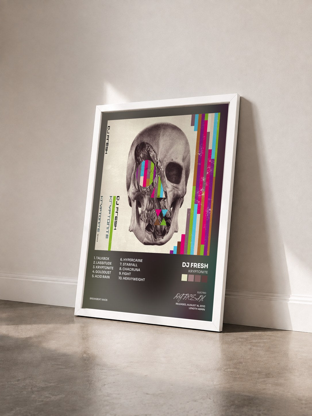 #blanc Tableau de l'album Kryptonite de DJ FRESH vu de trois quarts, cadre blanc