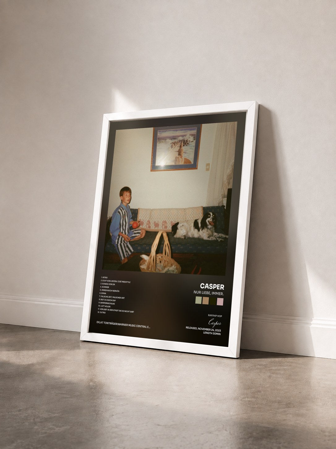 #blanc Tableau de l'album nur liebe, immer. de Casper vu de trois quarts, cadre blanc