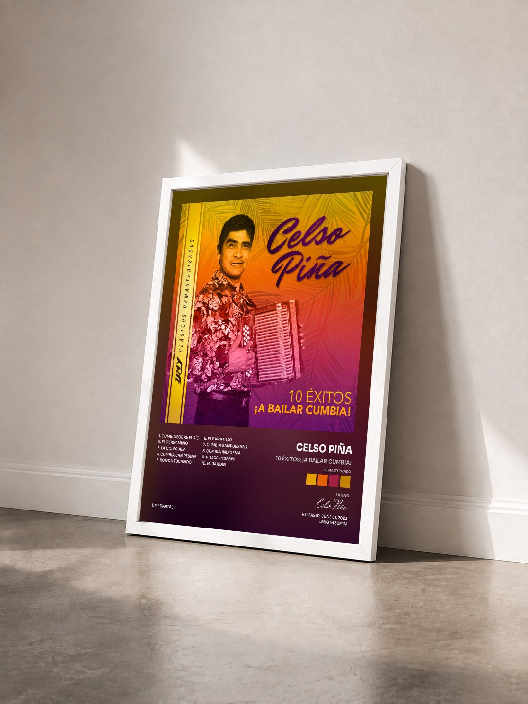#blanc Tableau de l'album 10 Éxitos: ¡A Bailar Cumbia! (Remasterizado) de Celso Piña vu de trois quarts, cadre blanc