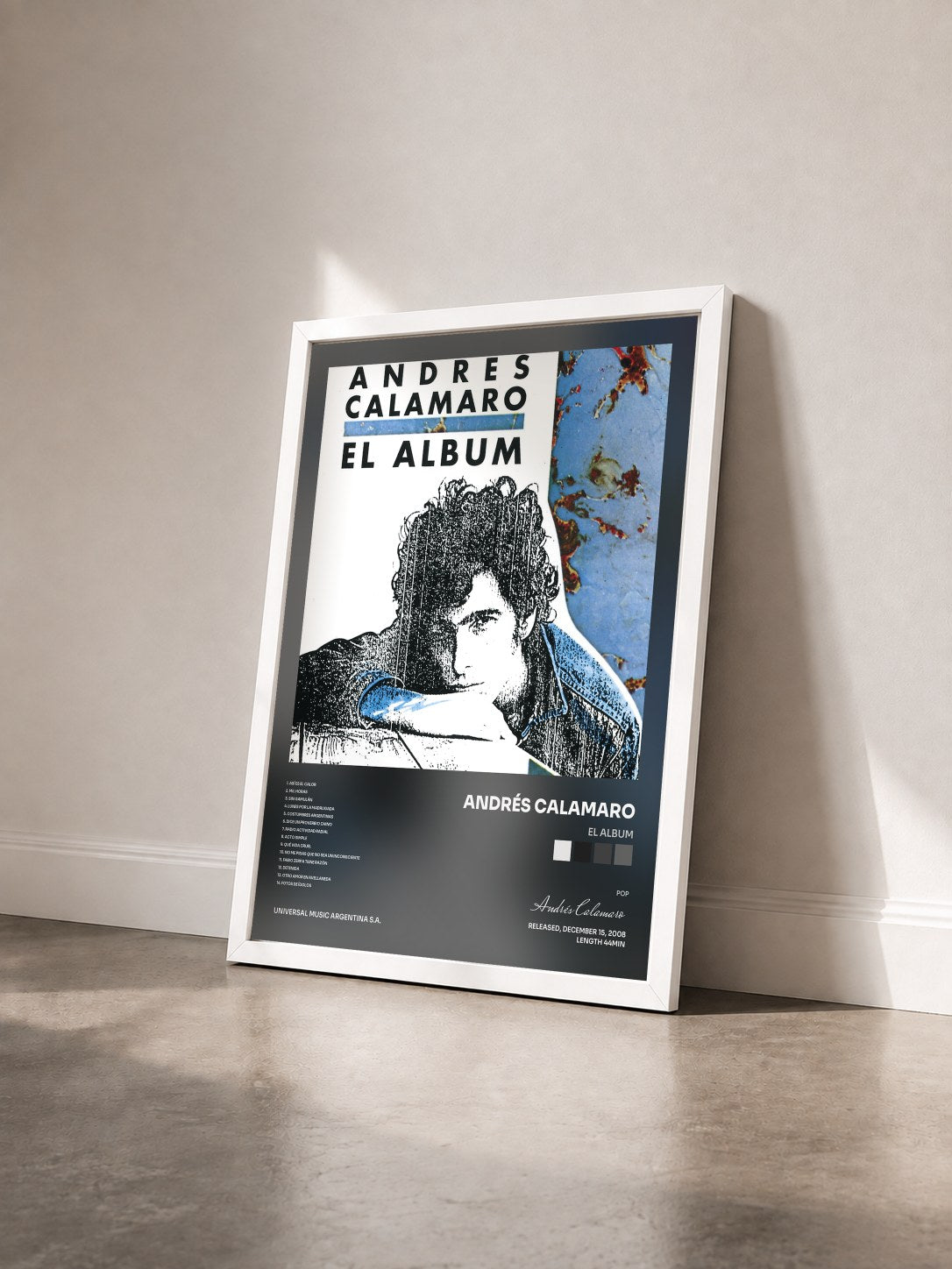 #blanc Tableau de l'album El Album de Andrés Calamaro vu de trois quarts, cadre blanc