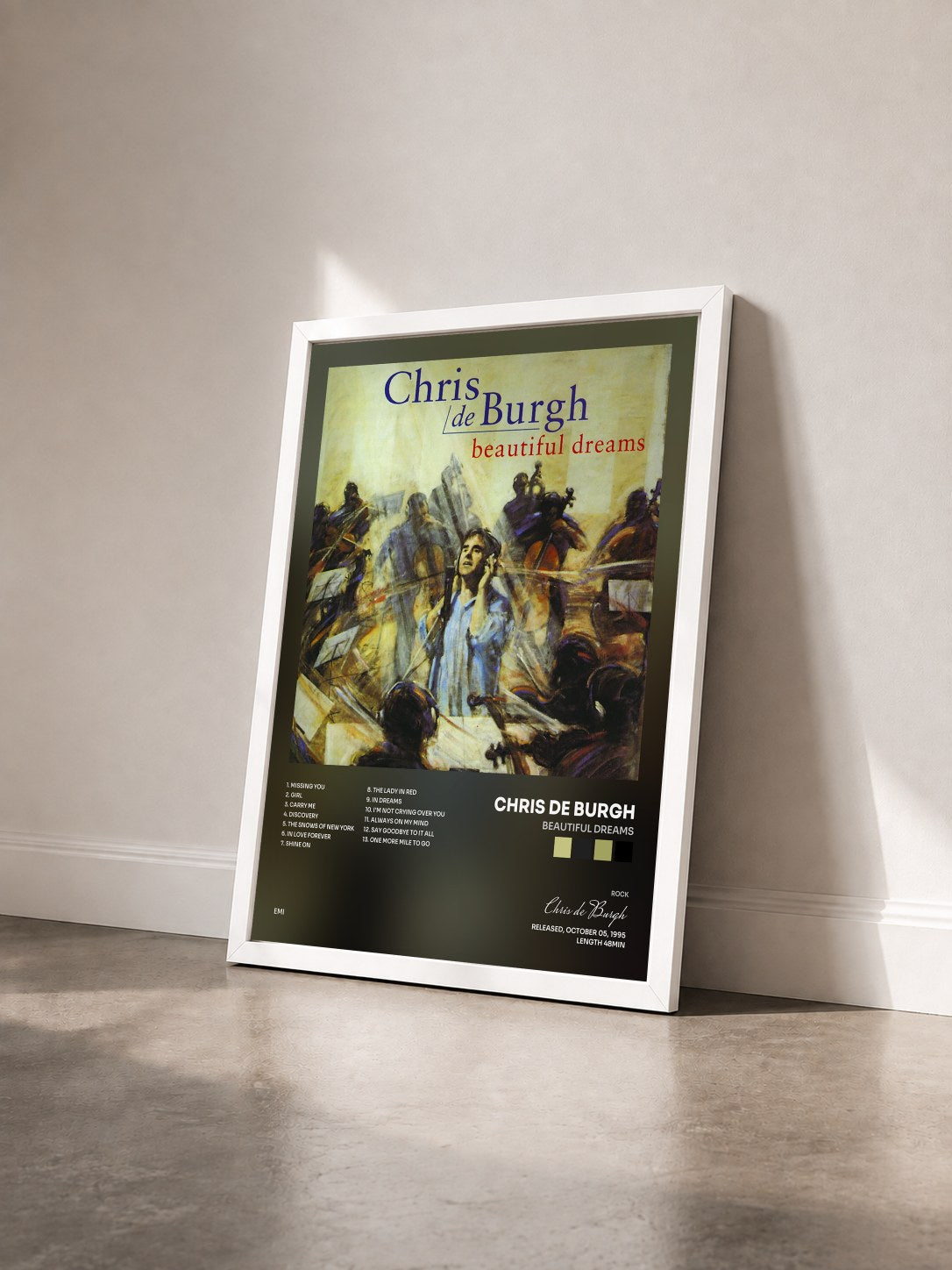 #blanc Tableau de l'album Beautiful Dreams de Chris de Burgh vu de trois quarts, cadre blanc