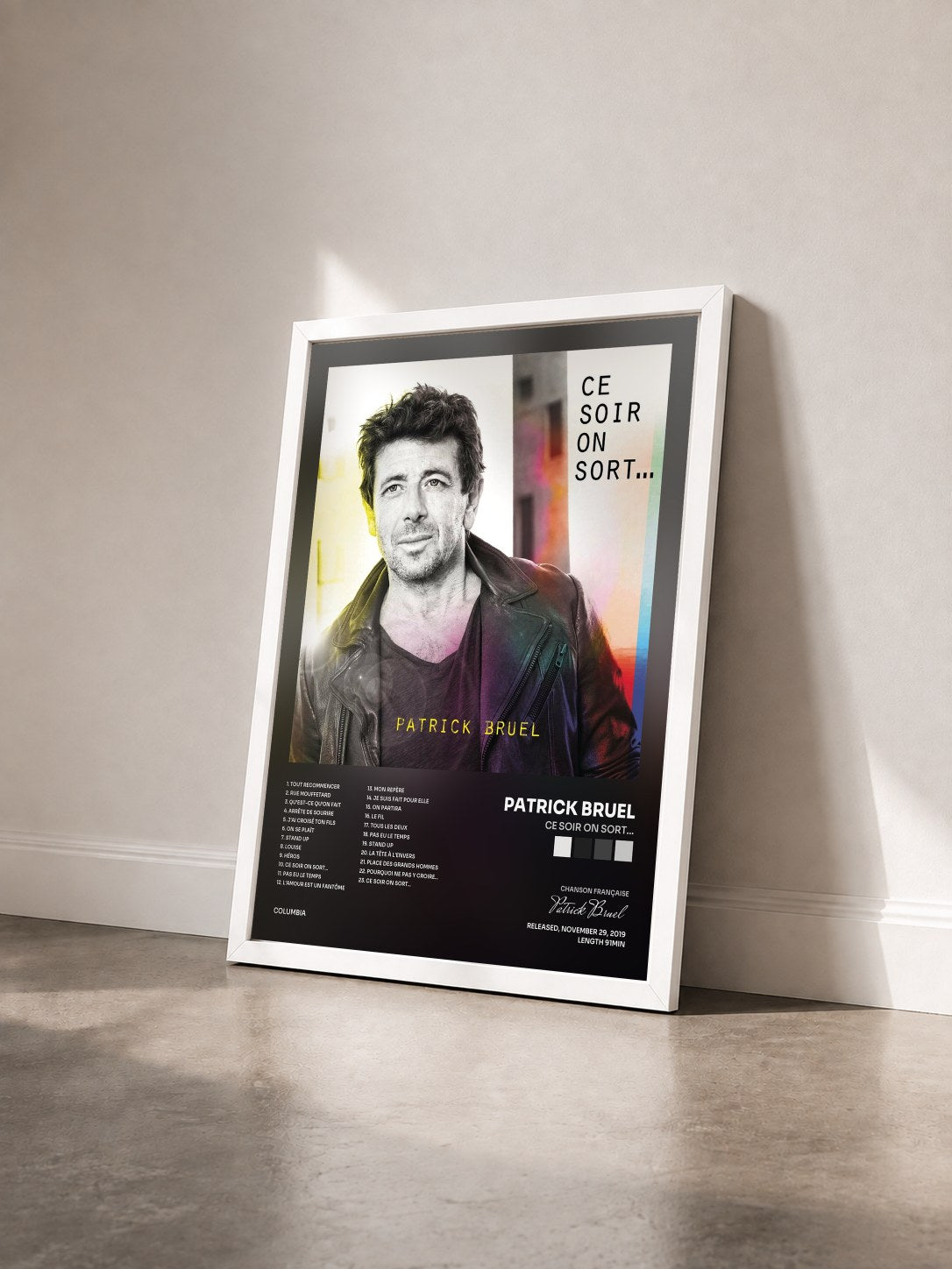 #blanc Tableau de l'album Ce soir on sort... de Patrick Bruel vu de trois quarts, cadre blanc