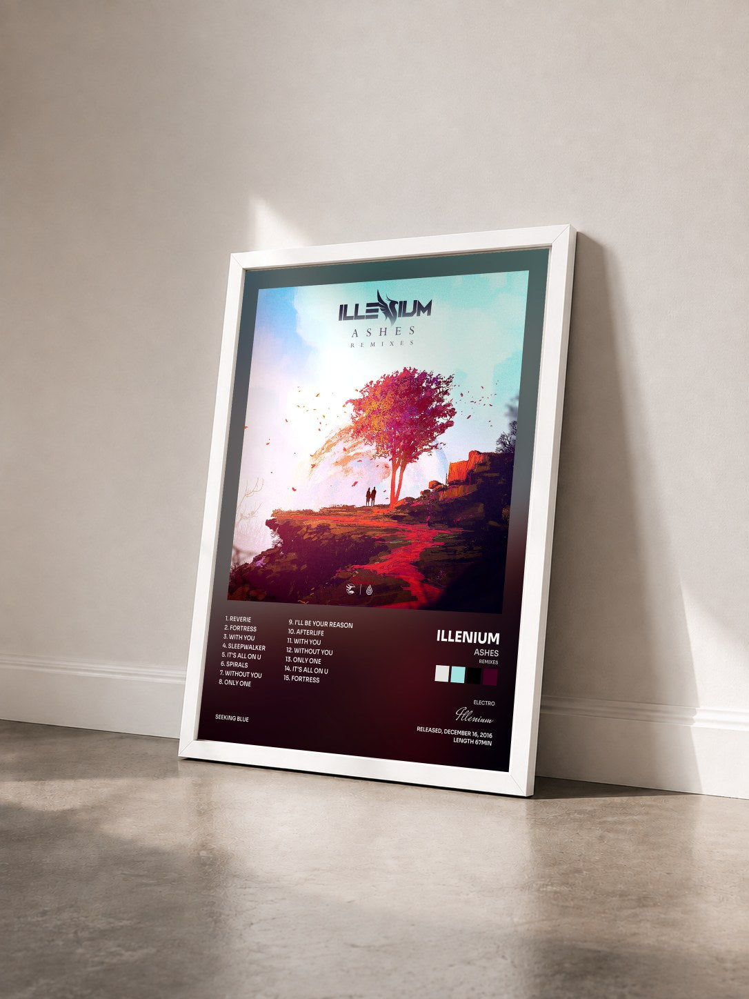 #blanc Tableau de l'album Ashes (Remixes) de Illenium vu de trois quarts, cadre blanc