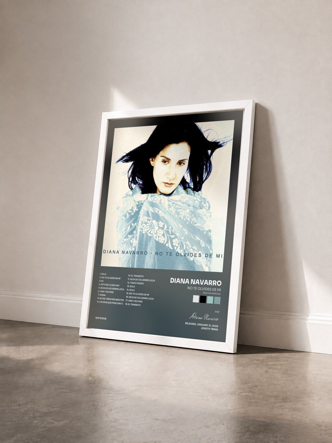 #blanc Tableau de l'album No te olvides de mi (edicion especial) de Diana Navarro vu de trois quarts, cadre blanc