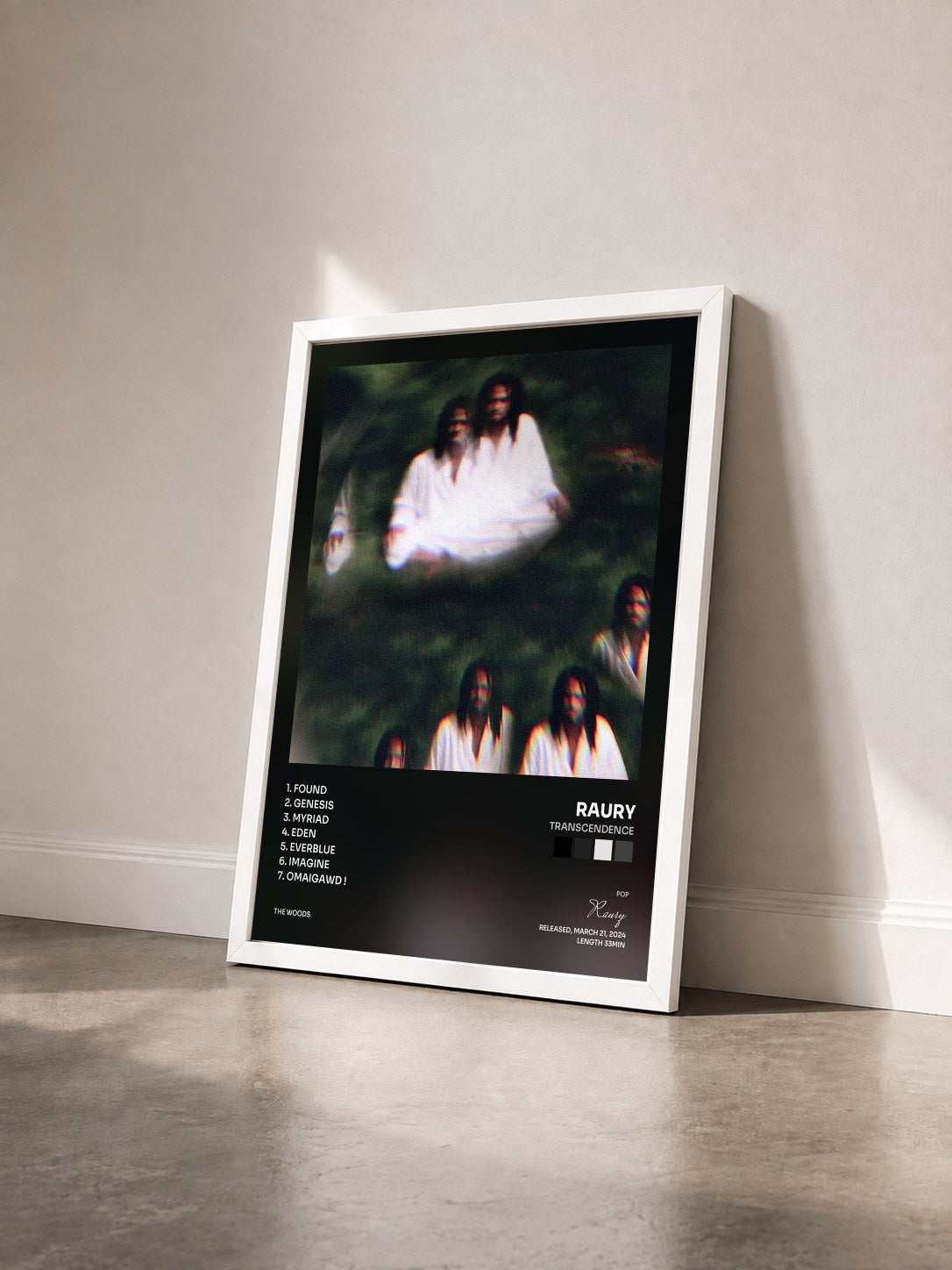 #blanc Tableau de l'album Transcendence de Raury vu de trois quarts, cadre blanc
