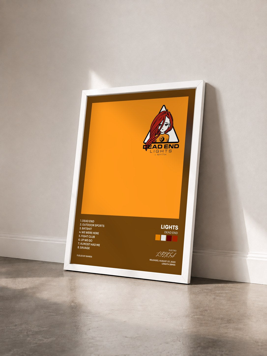 #blanc Tableau de l'album Dead End de LIGHTS vu de trois quarts, cadre blanc