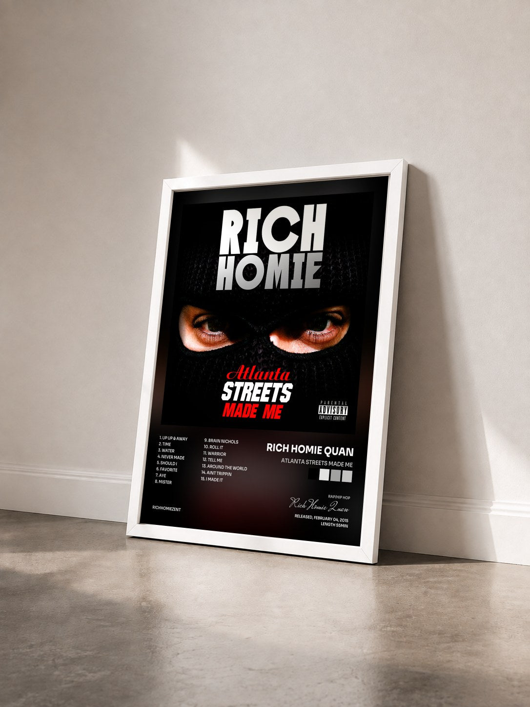 #blanc Tableau de l'album Atlanta Streets Made Me de Rich Homie Quan vu de trois quarts, cadre blanc