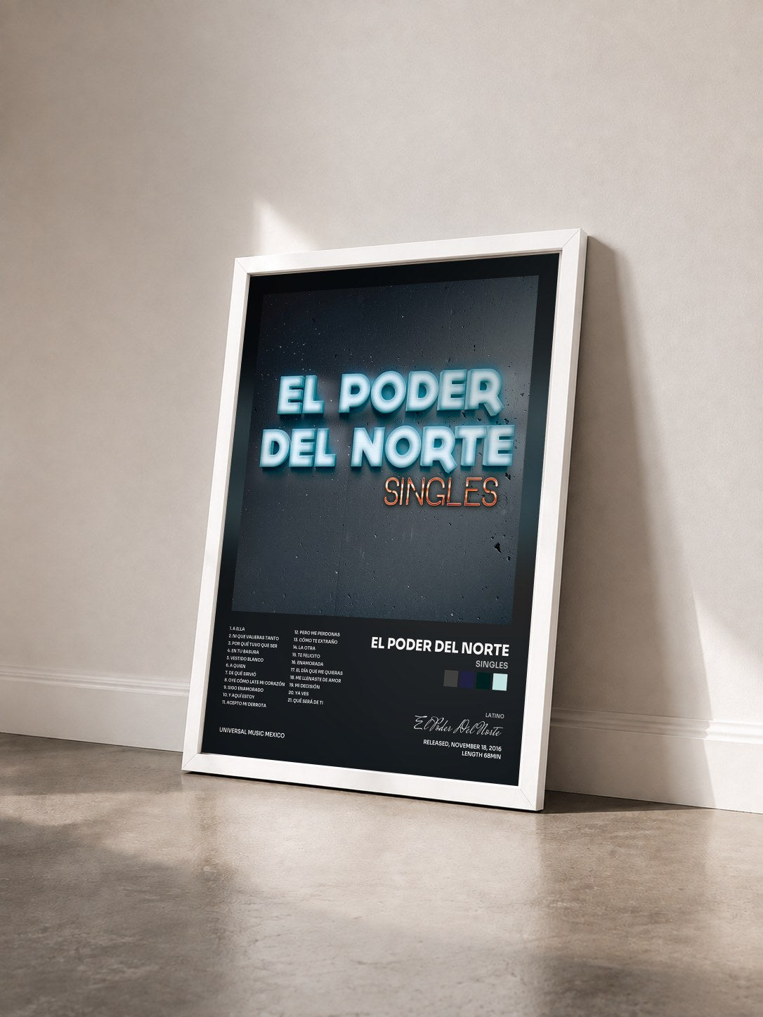 #blanc Tableau de l'album Singles de El Poder Del Norte vu de trois quarts, cadre blanc