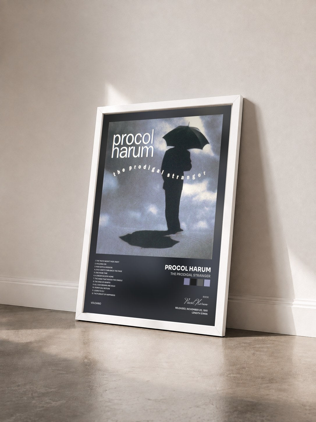 #blanc Tableau de l'album The Prodigal Stranger de Procol Harum vu de trois quarts, cadre blanc