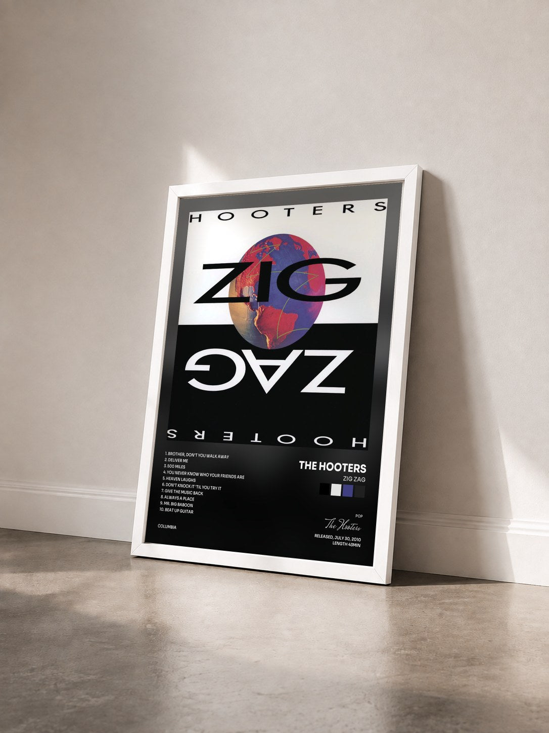 #blanc Tableau de l'album Zig Zag de The Hooters vu de trois quarts, cadre blanc