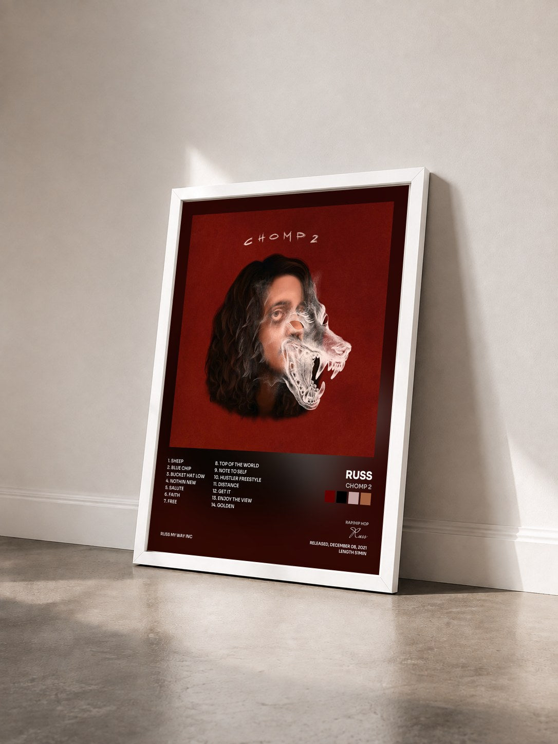 #blanc Tableau de l'album CHOMP 2 de Russ vu de trois quarts, cadre blanc