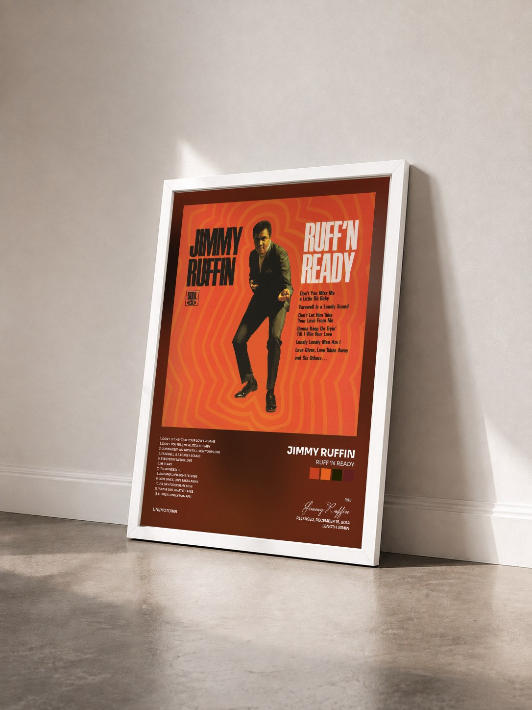#blanc Tableau de l'album Ruff 'N Ready de Jimmy Ruffin vu de trois quarts, cadre blanc