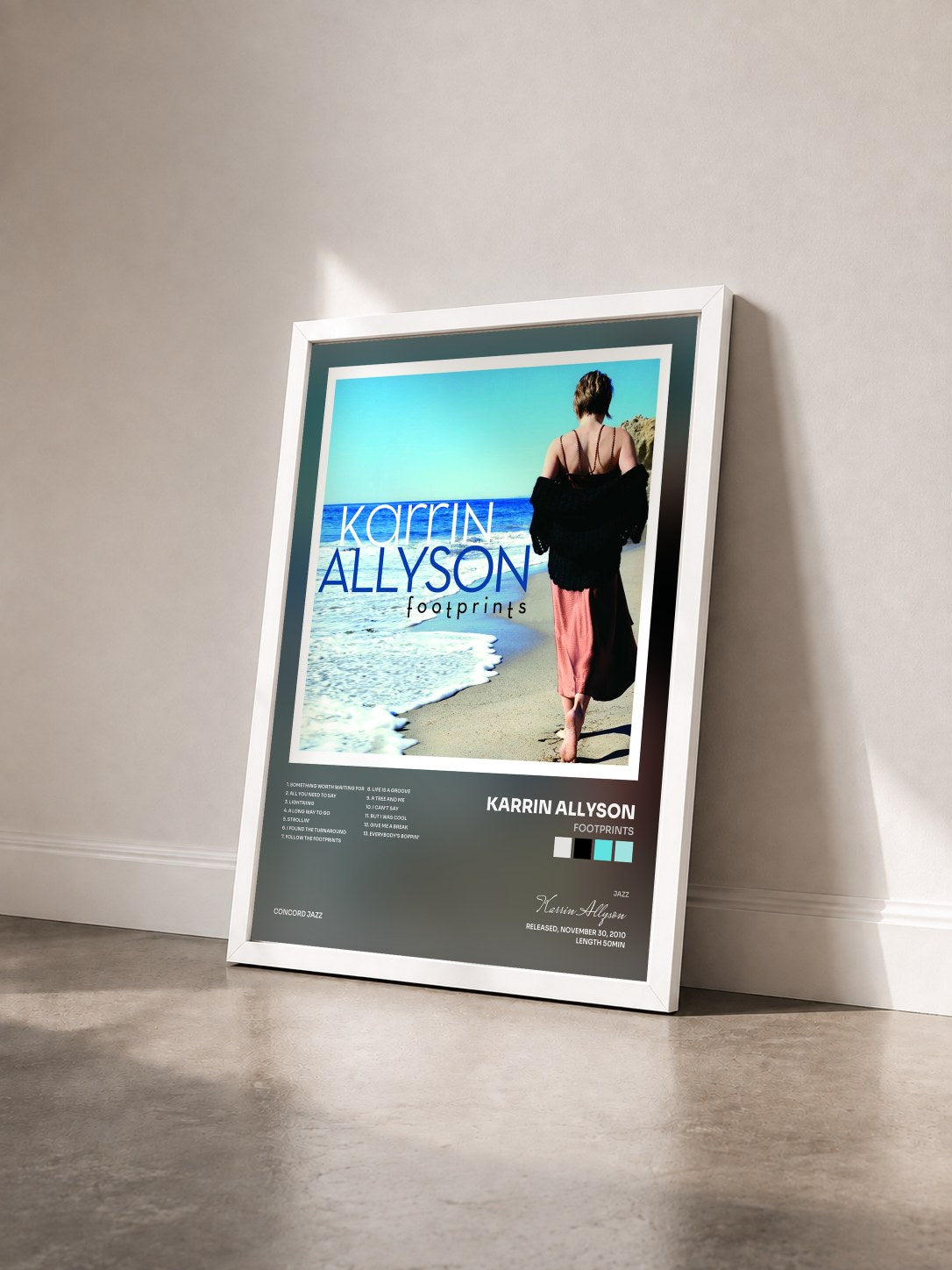 #blanc Tableau de l'album Footprints de Karrin Allyson vu de trois quarts, cadre blanc