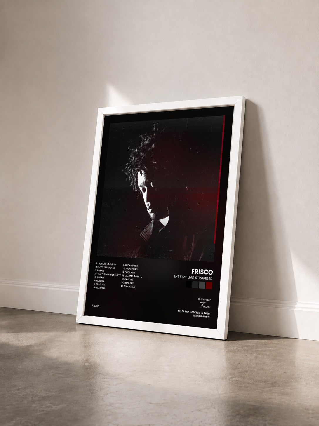 #blanc Tableau de l'album The Familiar Stranger de Frisco vu de trois quarts, cadre blanc