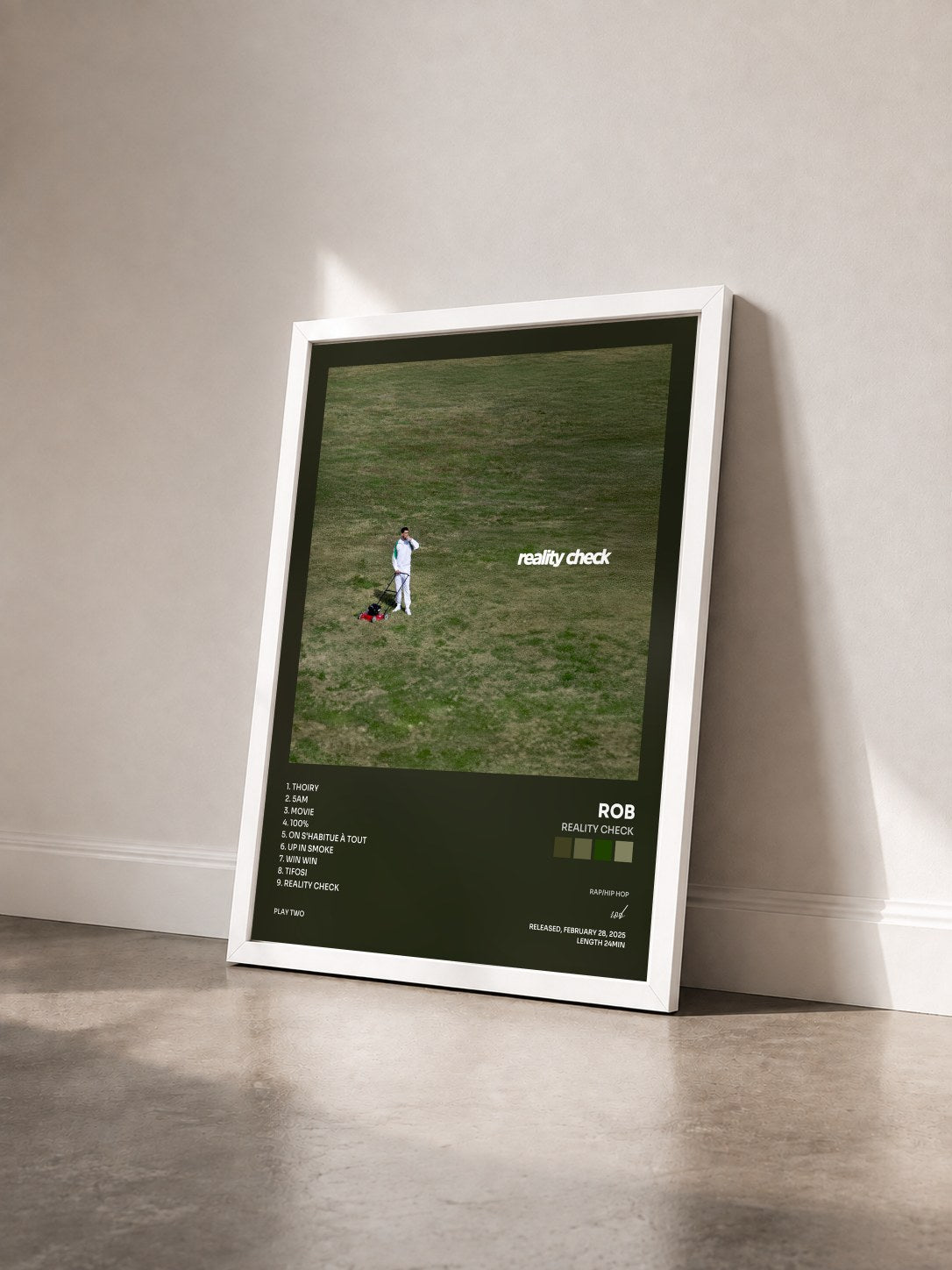 #blanc Tableau de l'album Reality Check de rob vu de trois quarts, cadre blanc