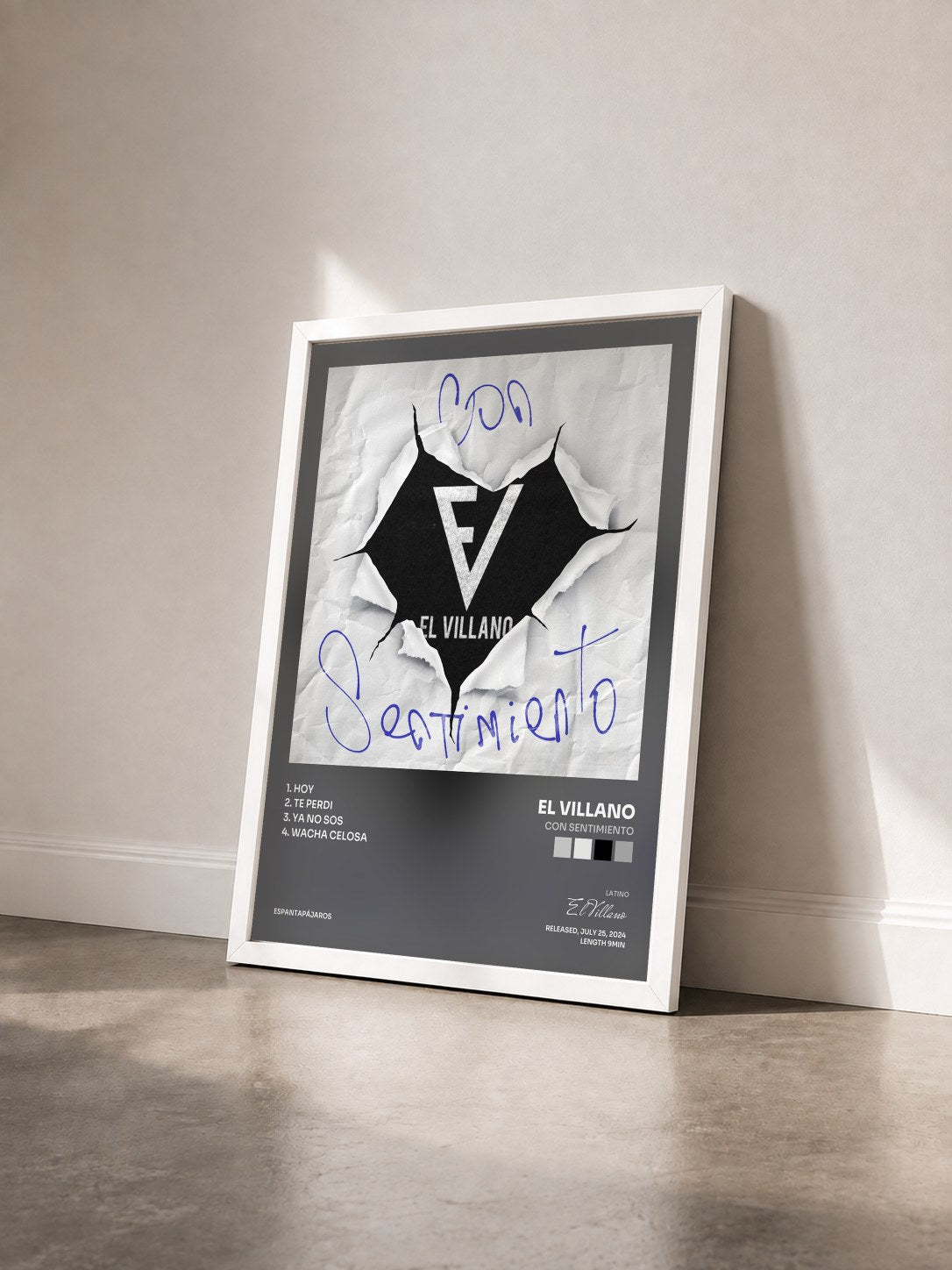 #blanc Tableau de l'album Con Sentimiento de El Villano vu de trois quarts, cadre blanc