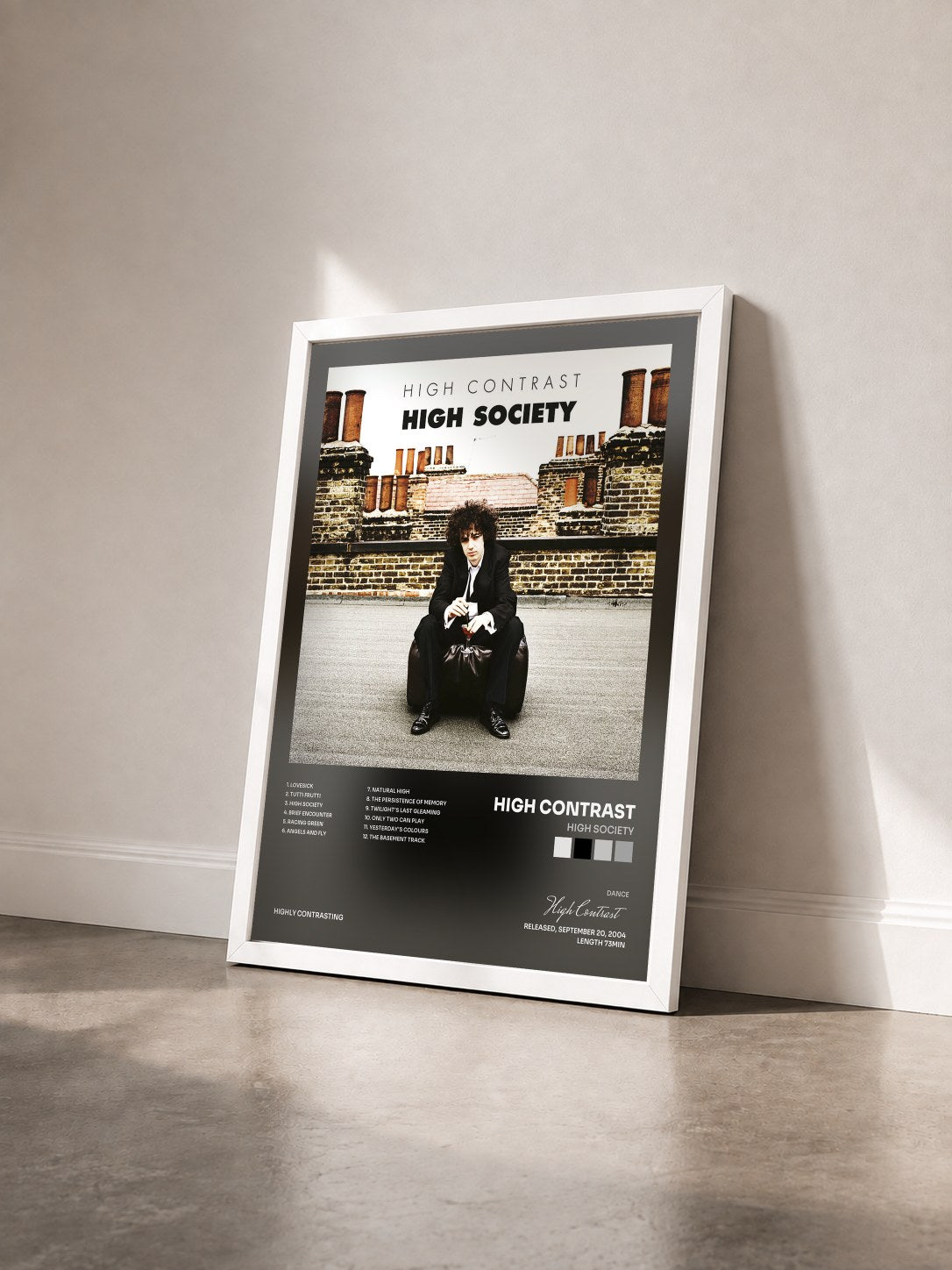 #blanc Tableau de l'album High Society de High Contrast vu de trois quarts, cadre blanc