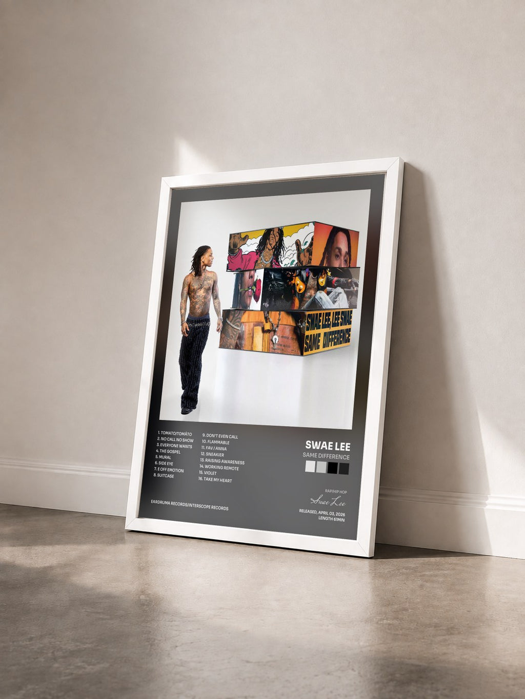 #blanc SAME DIFFERENCE by Swae Lee as a framed art print seen at an angle, white frame